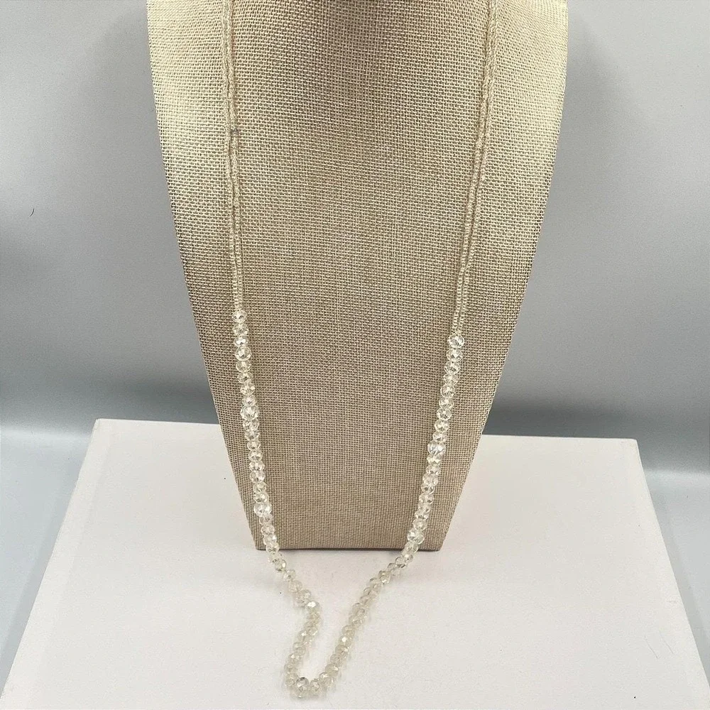 Vintage Long Clear Crystal Bead Necklace Faceted Glass Opera Aurora Borealis‎